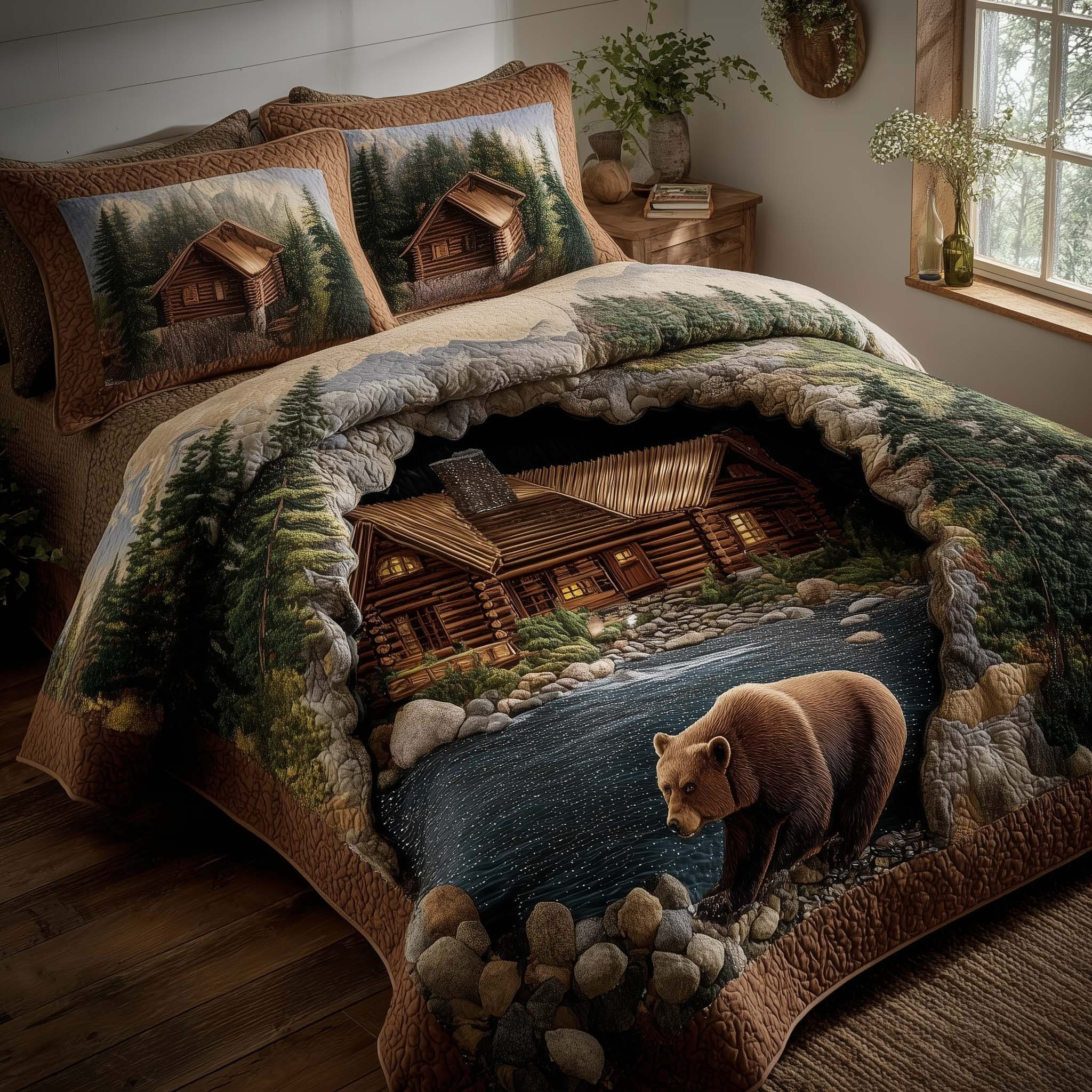 Bear Forest Guardian Quilted Bedding Set Wildlife Style Duvet Cover Gifts For Bear Lovers