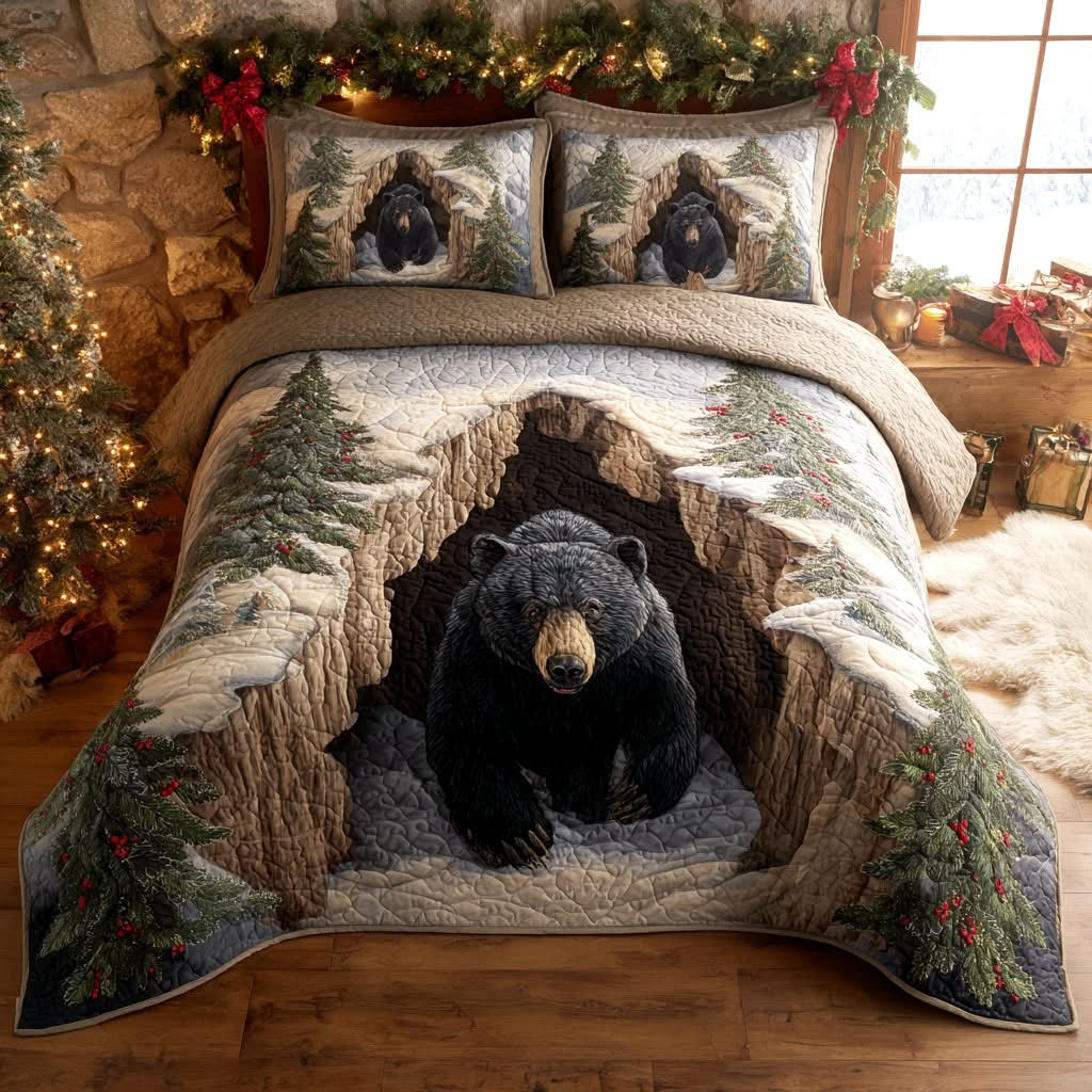 Bear Holiday Den Quilted Bedding Set Unique Duvet Cover Bear Christmas Presents