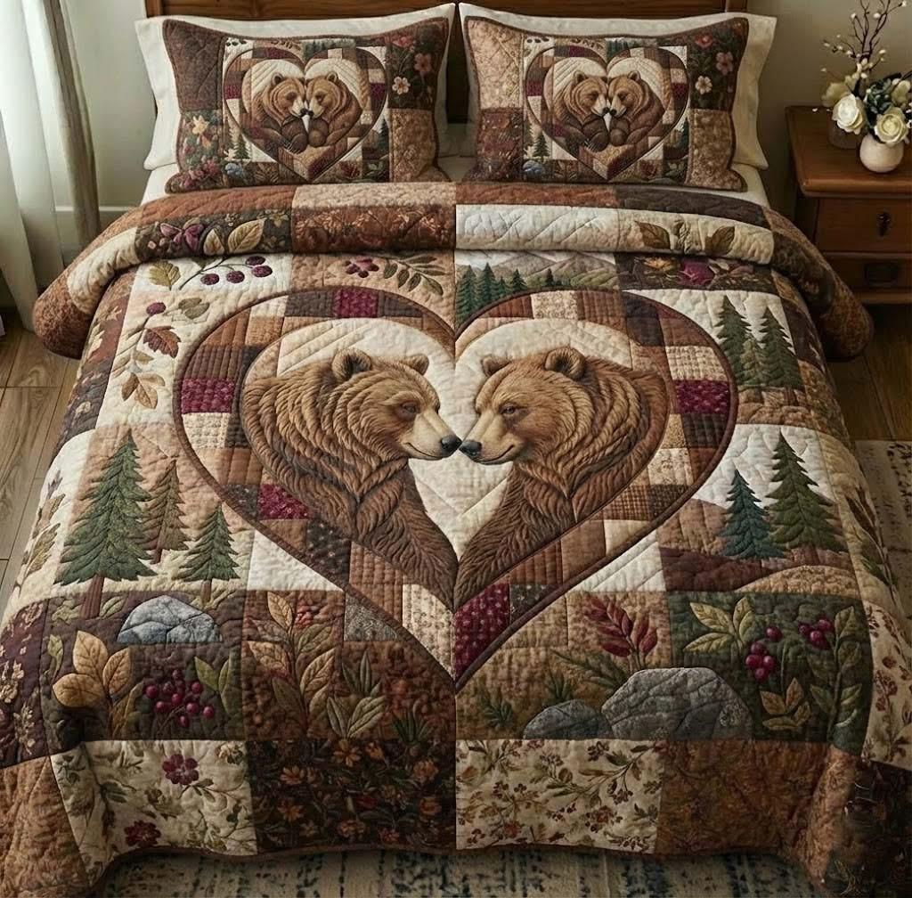 Bear Hugs Quilted Bedding Set Heart Shaped Duvet Cover Sets Gifts For Couples