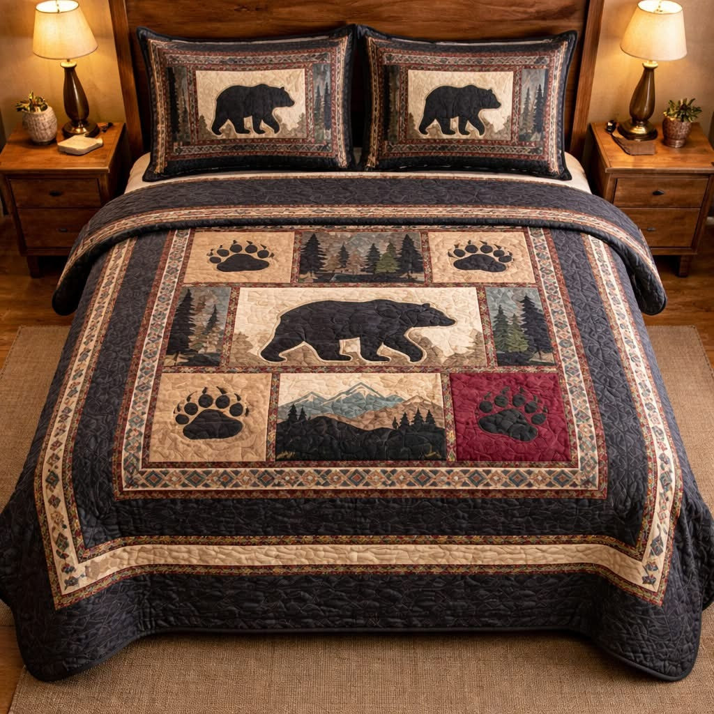 Bear Lodge Quilted Bedding Set Rustic Comforter Sets Father's Day Gifts For Dad