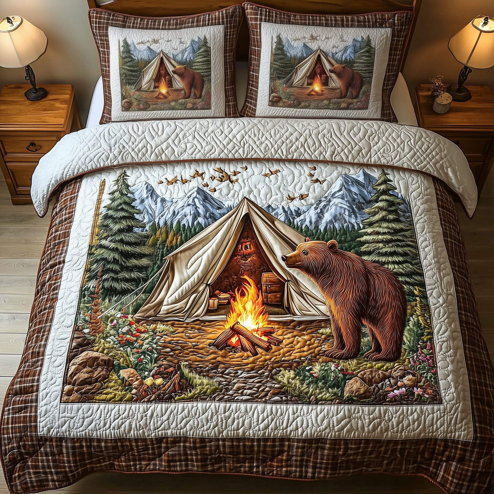 Bear Loves Camping Quilted Bedding Set Cover Bed Set Bear Gifts For Dad