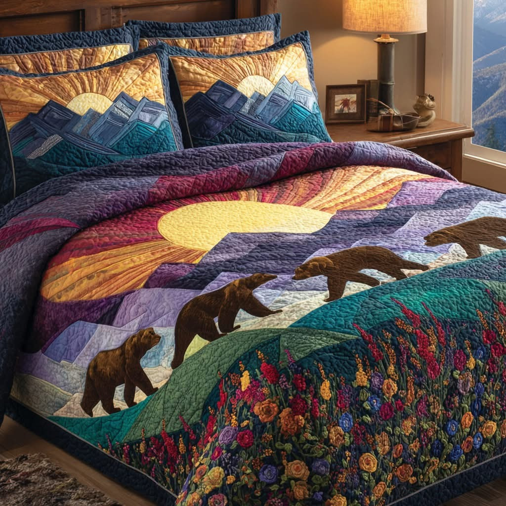 Bear Mountain Quilt Bedding Set Wildlife Scene Bedspread Set Gift For Nature Lover