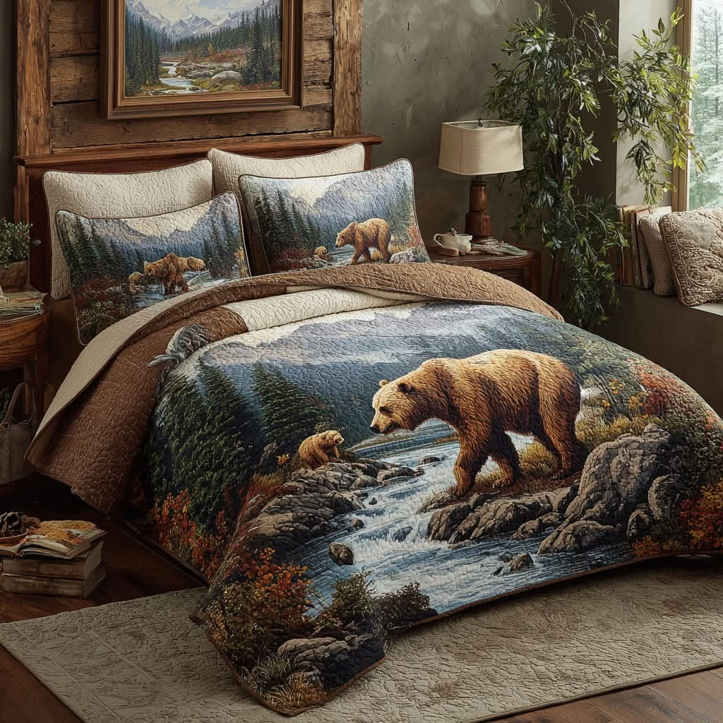 Bear Nature Embrace Quilted Bedding Set Rustic Bedspread Set Gifts For Nature Lovers