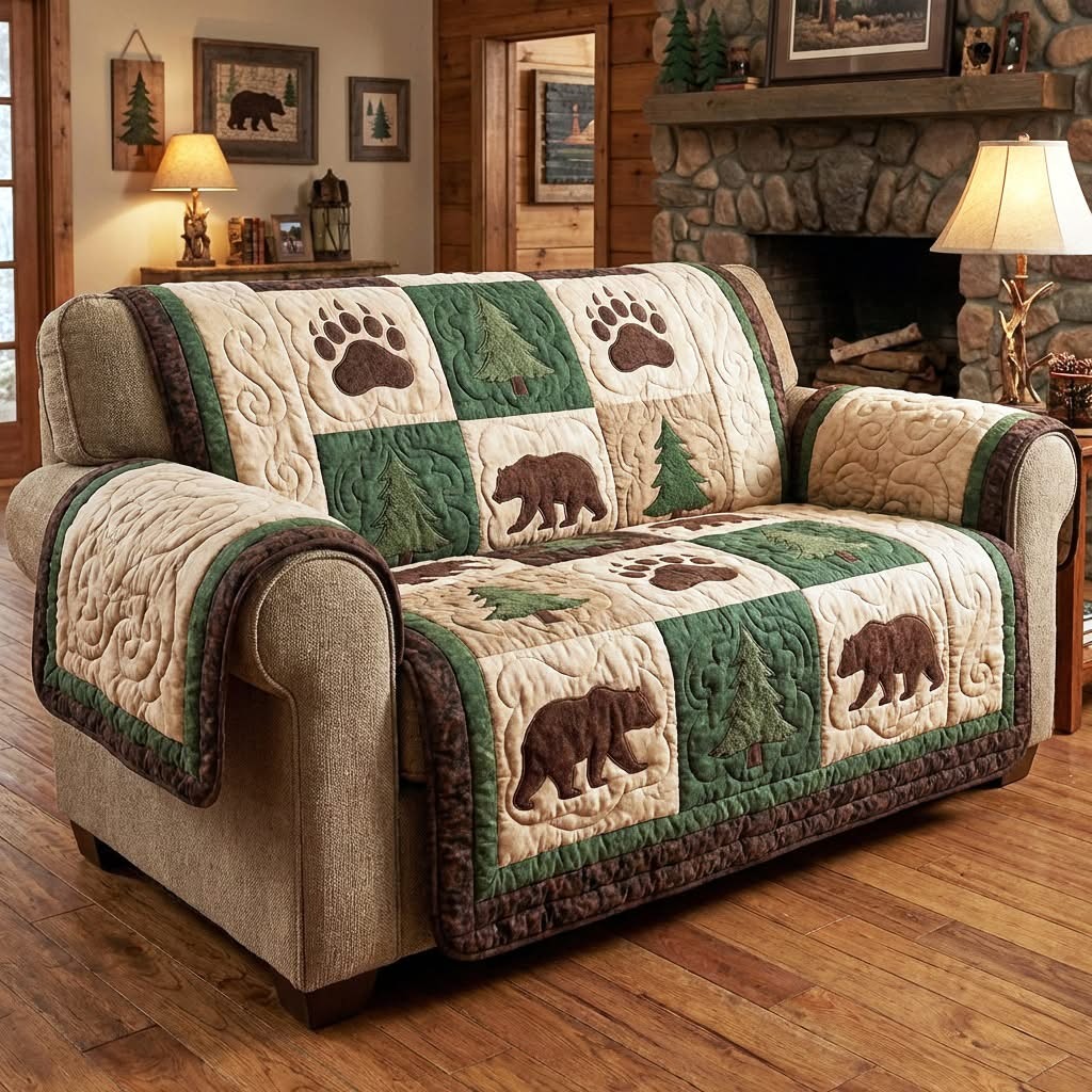 Bear Paw Cabin Quilted Sofa Cover Rustic Couch Covers Living Room Furniture Gifts For Dad