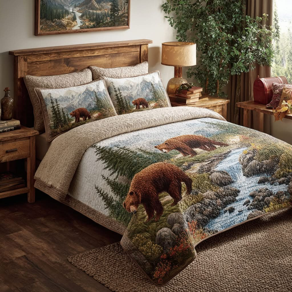 Bear Quiet Woods Quilted Bedding Set Rustic Duvet Cover Bedspread Set Gifts For Bear Lover