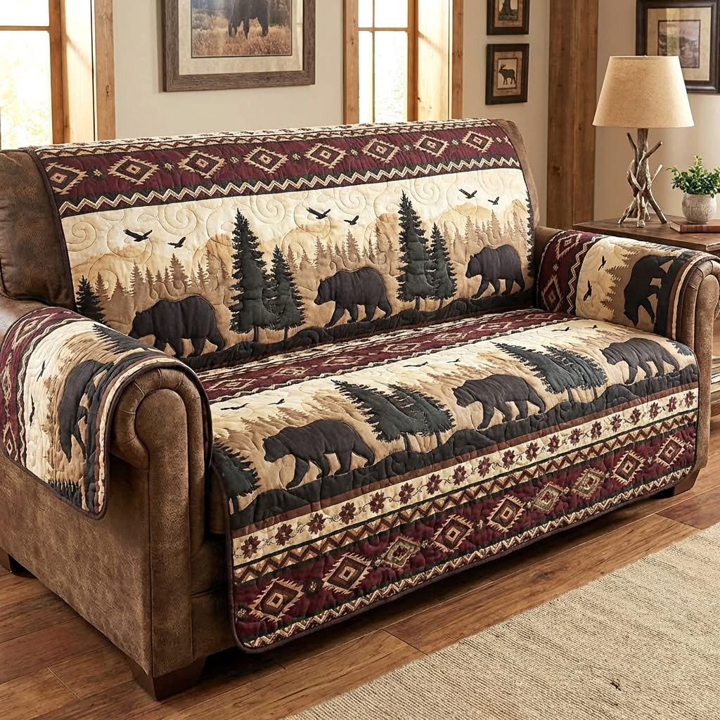 Bear Rustic Wilderness Quilted Sofa Cover Furniture Protector Father's Day Gifts Ideas