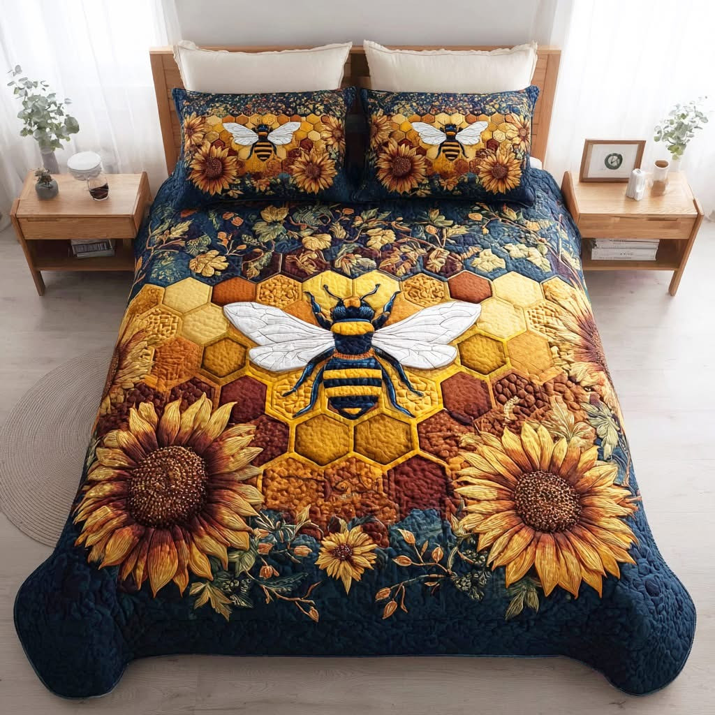 Bee And Sunflower Quilted Bedding Set Cute Honey Bee Bed Sheet Set Gifts For Bee Lovers