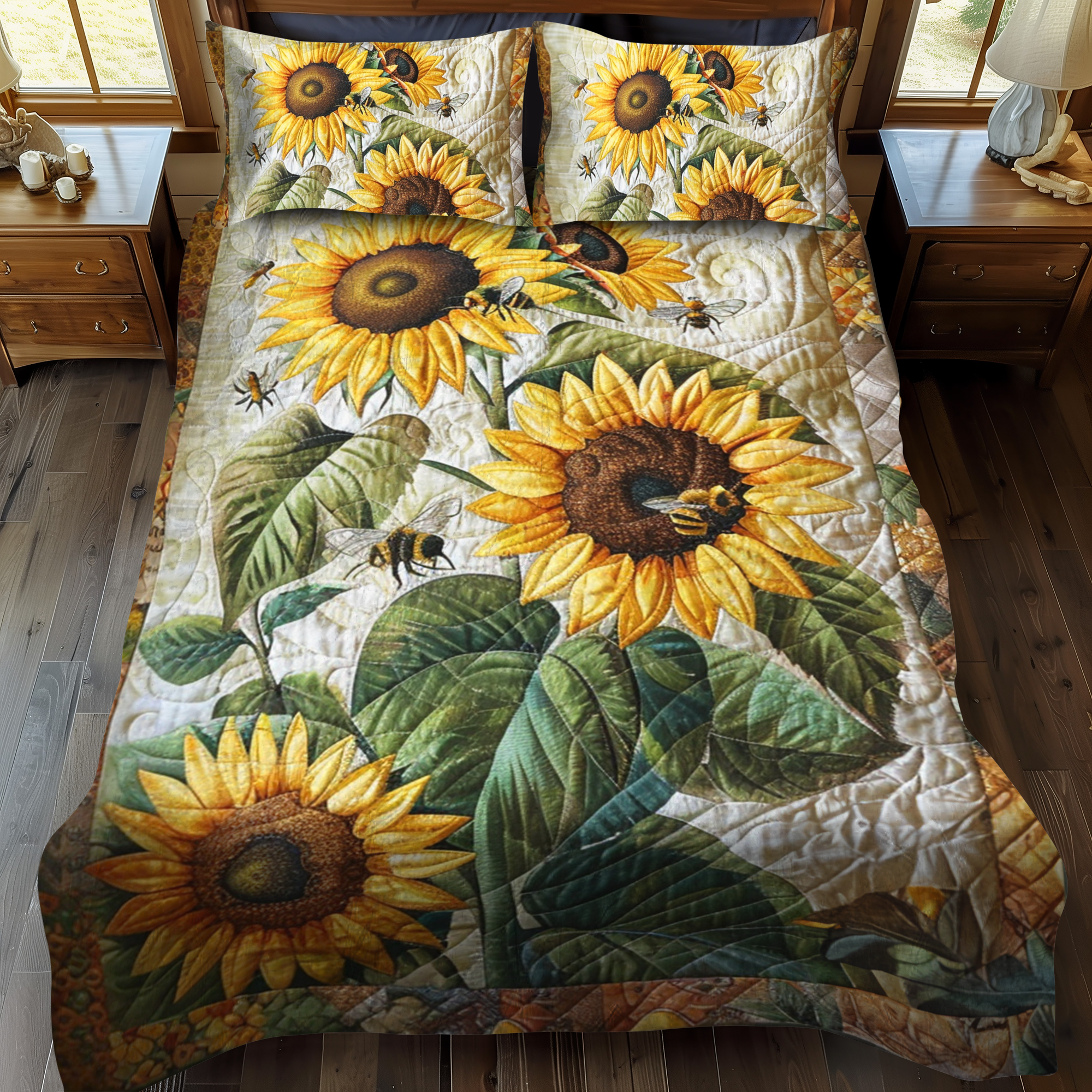 Bee-Flower Serenade Quilted Bedding Set Cute Bed Sheets Bee Themed Gifts For Him