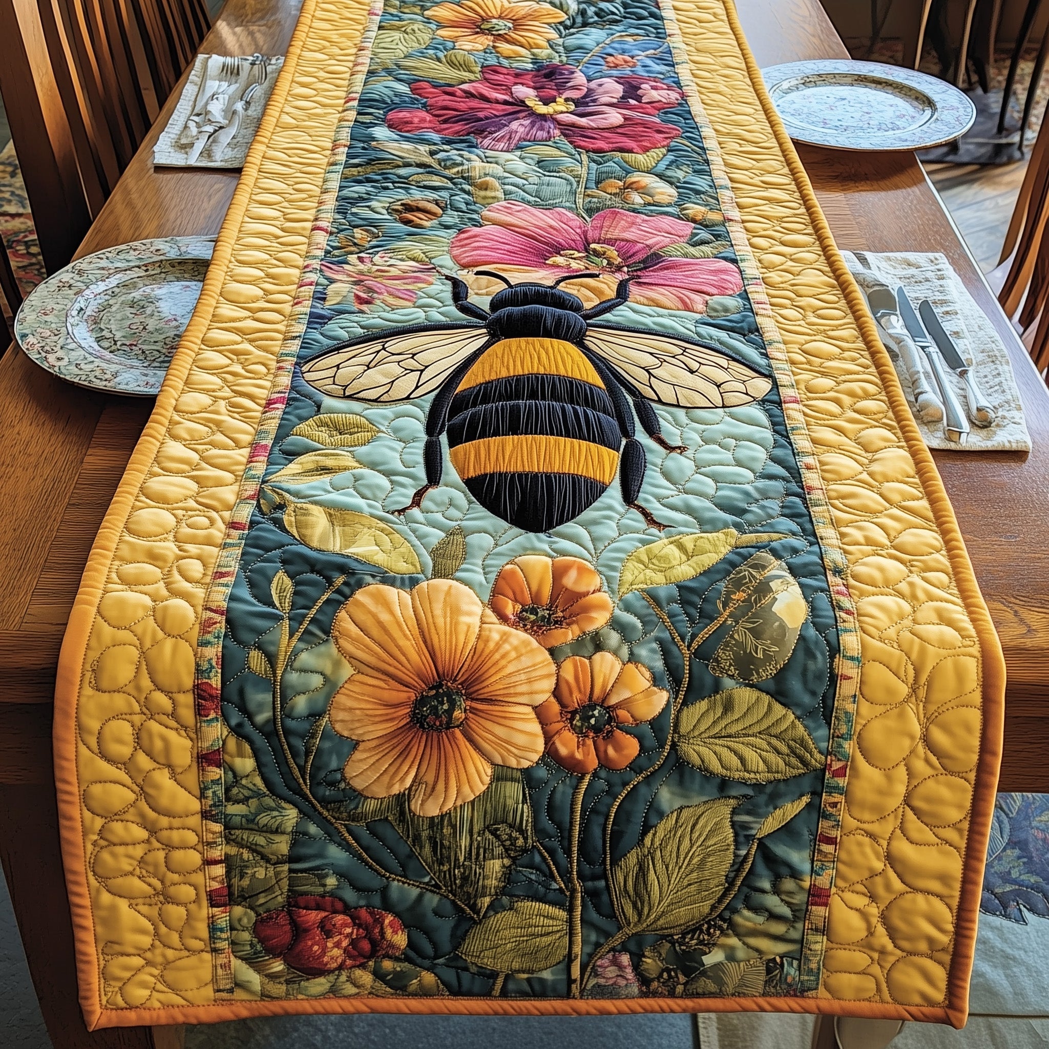 Bee Harmony Quilted Table Runner Table Runner Dining Table Bee Themed Presents