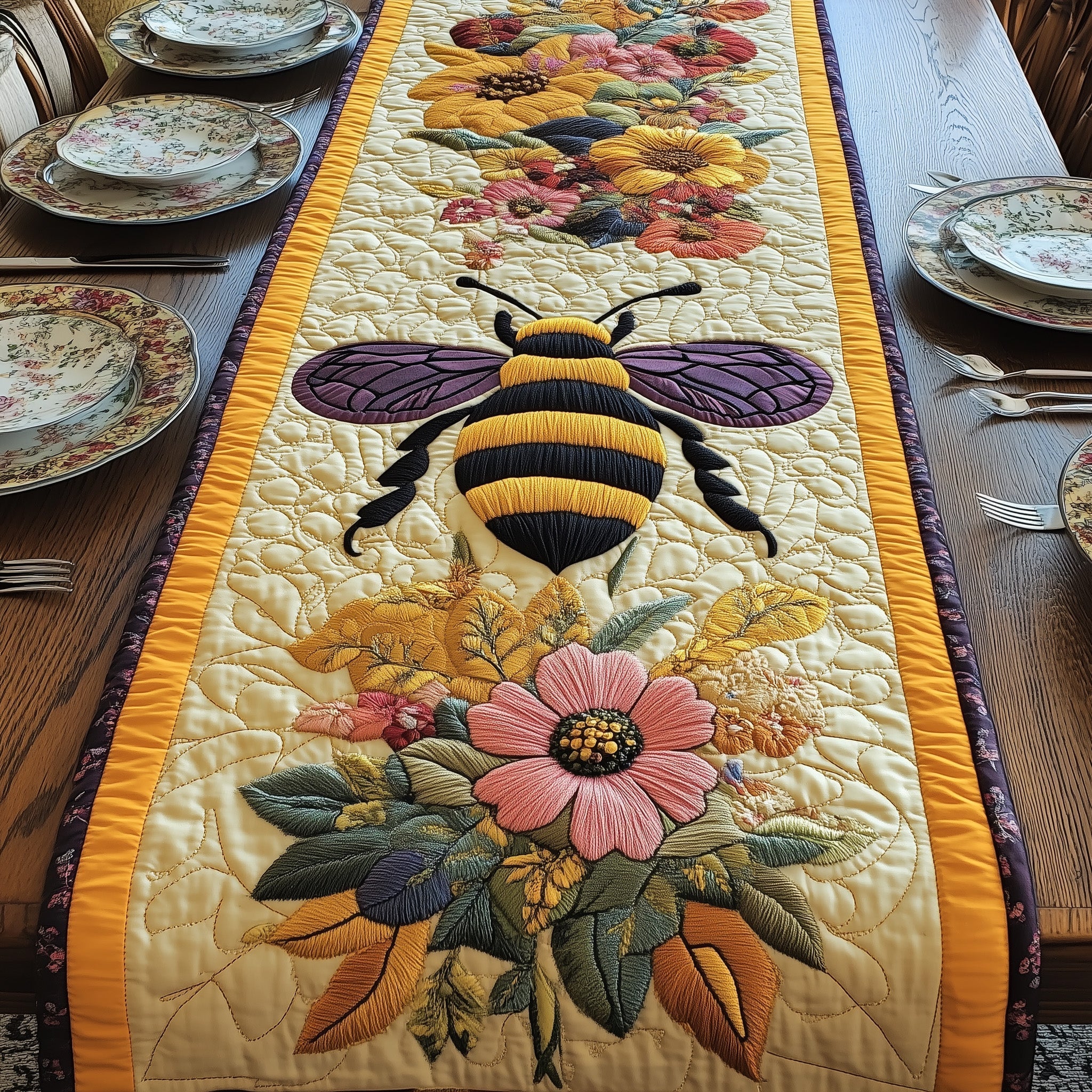 Bee Harmony Quilted Table Runner Table Runners Long Bee Themed Gifts For Him