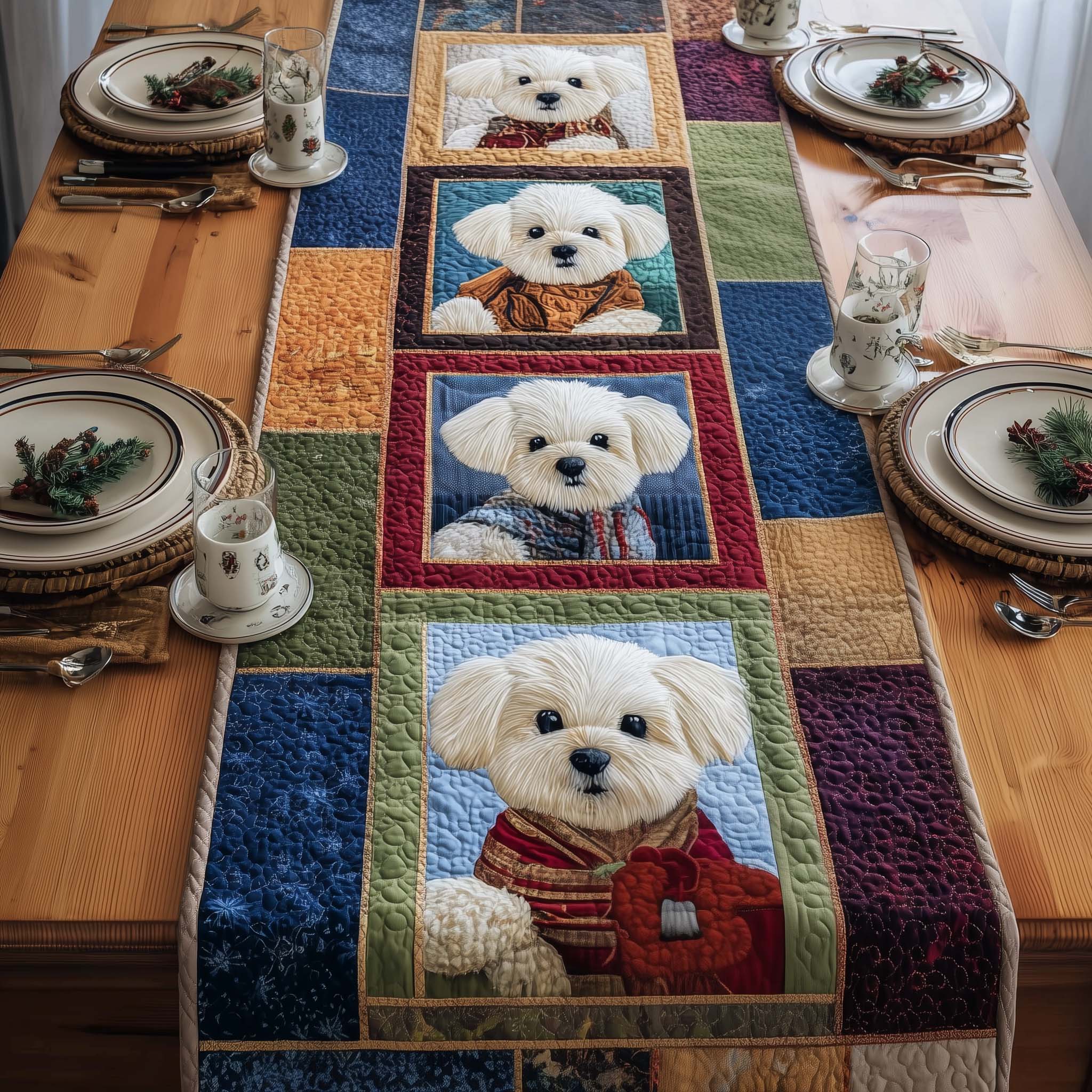 Bichon Quilted Table Runner Dining Room Table Toppers Gifts For Pet Lovers