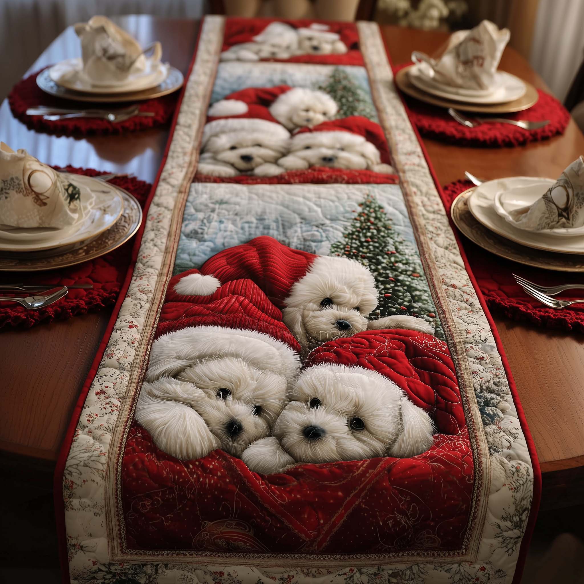Bichon Quilted Table Runner Long Dining Table Runner Gifts Pet Lovers