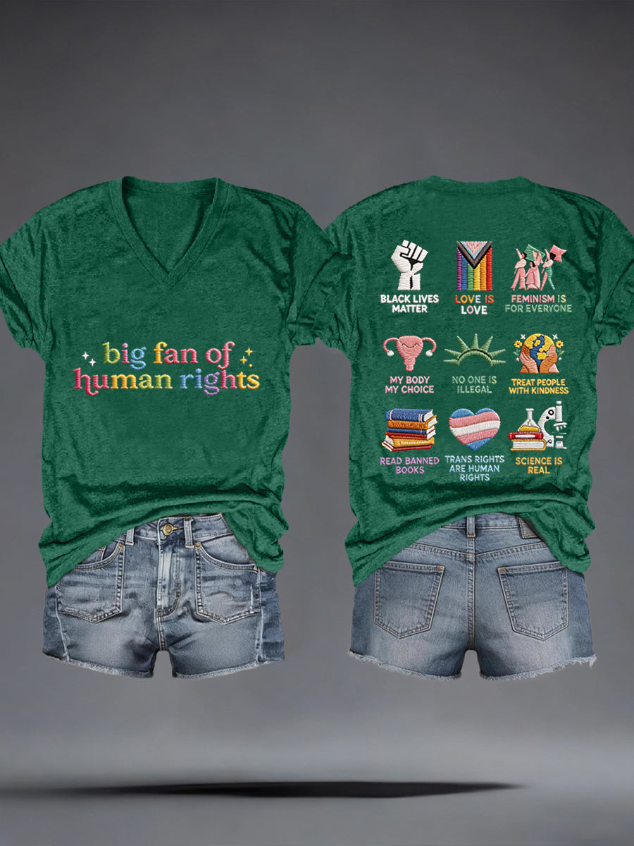 Big Fan Of Human Rights V-Neck T-Shirt Social Justice Symbols Merch Gift Equality Supporters - Image 3