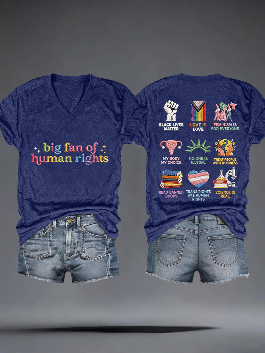 Big Fan Of Human Rights V-Neck T-Shirt Social Justice Symbols Merch Gift Equality Supporters - Image 2