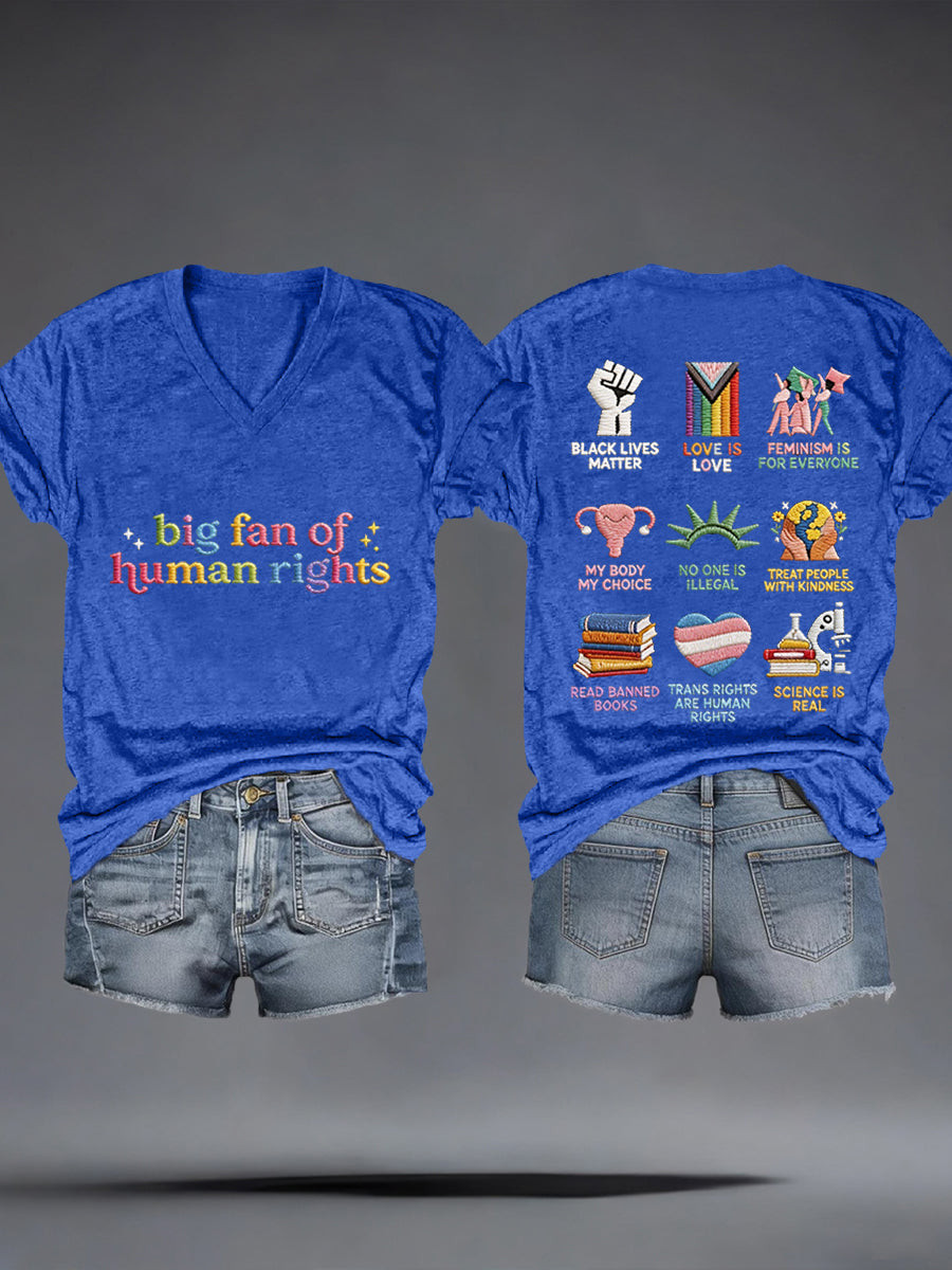 Big Fan Of Human Rights V-Neck T-Shirt Social Justice Symbols Merch Gift Equality Supporters - Image 4