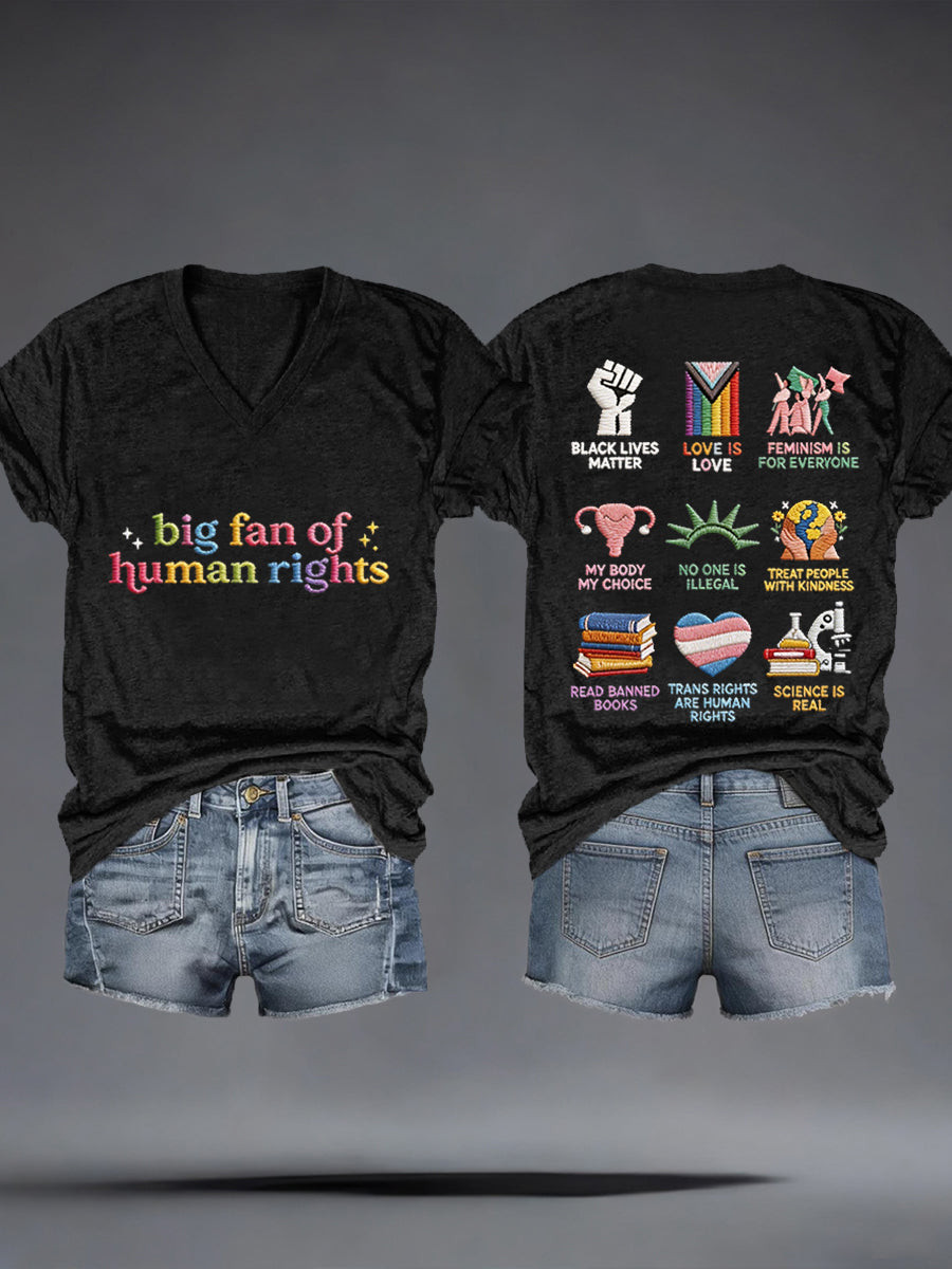 Big Fan Of Human Rights V-Neck T-Shirt Social Justice Symbols Merch Gift Equality Supporters - Image 6