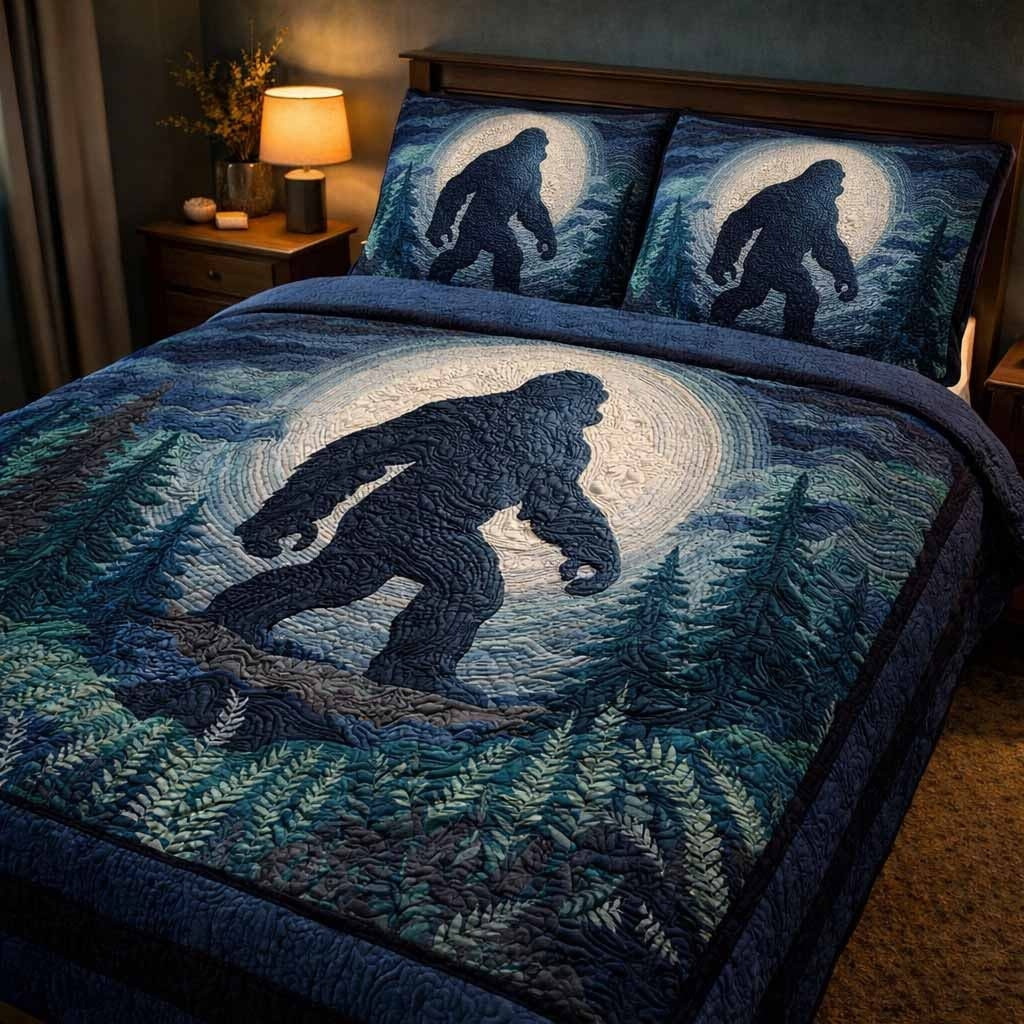 Bigfoot Blue Stalker Quilted Bedding Set Unique Bedspread Set Bigfoot Gifts Items To Buy