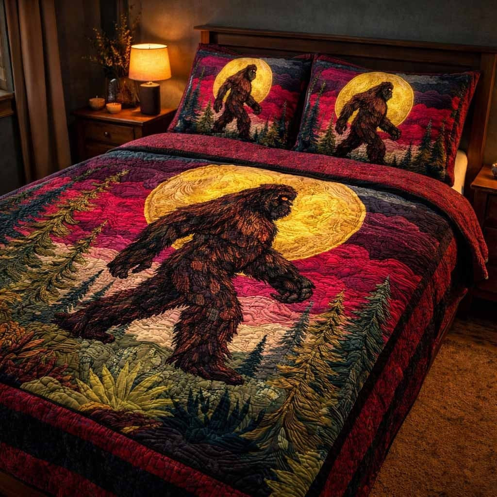 Bigfoot Crimson Moon Quilted Bedding Set Unique Bed Sheet Set Gifts For Sasquatch Lovers
