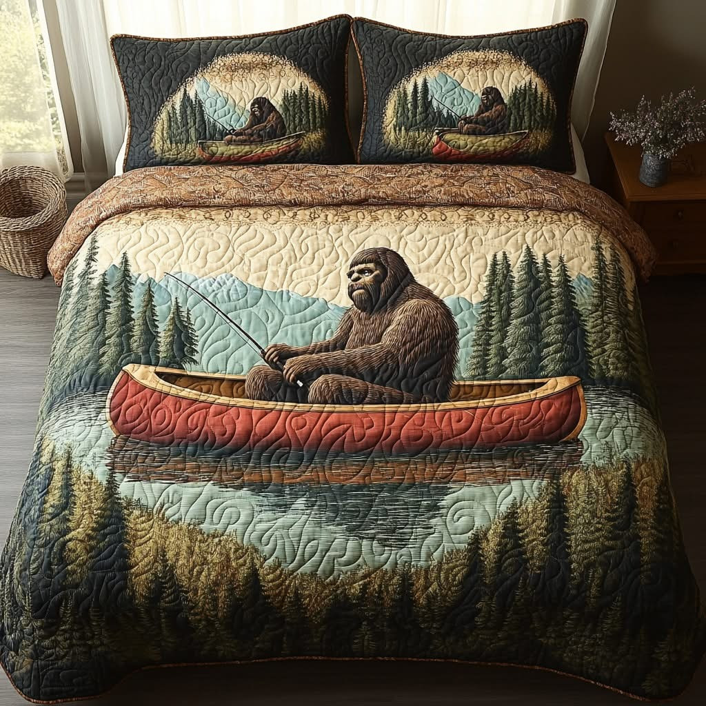Bigfoot Fishing Quilted Bedding Set Duvet Cover Funny Christmas Gifts For Fishing Lovers