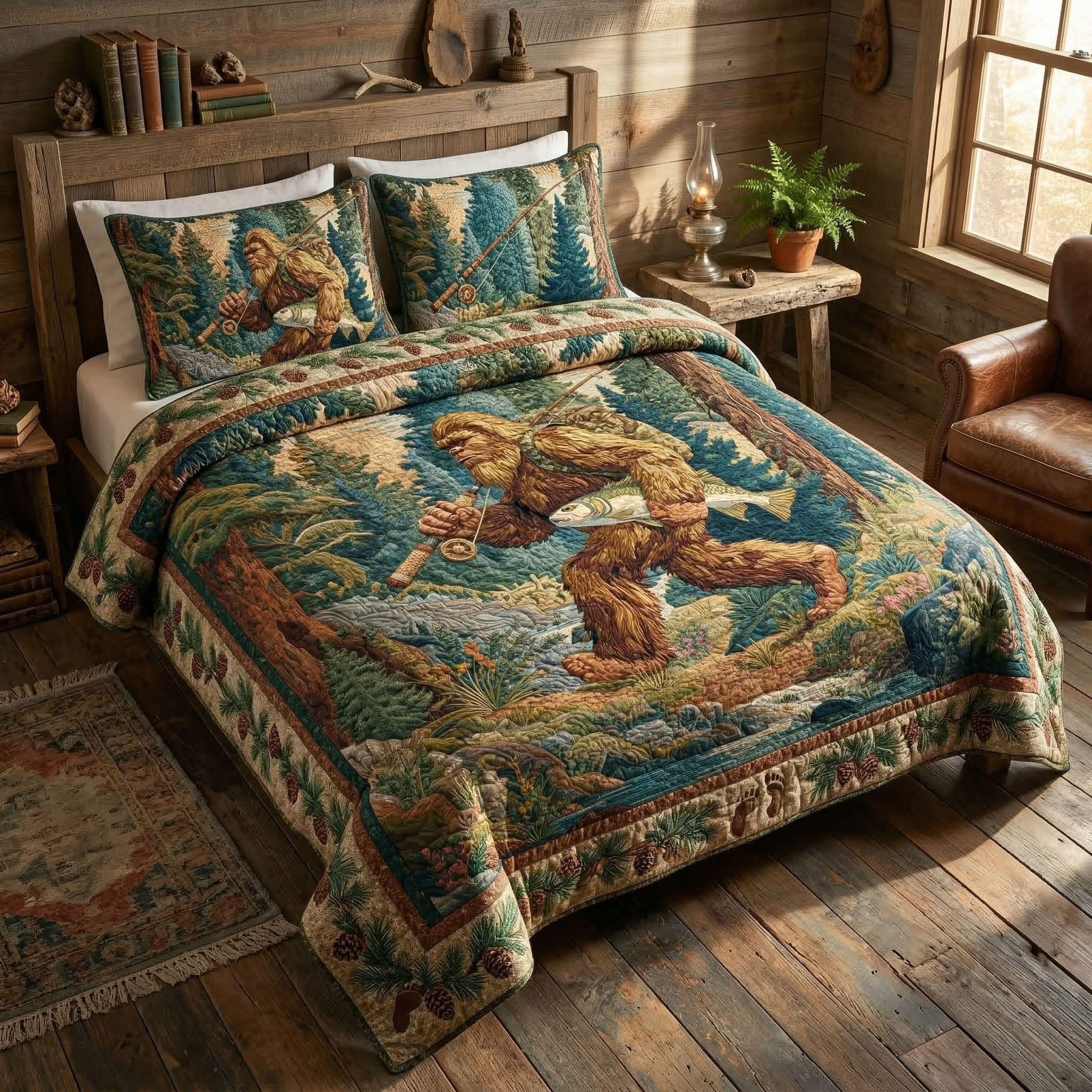 Bigfoot Fishing Quilted Bedding Set Rustic Sasquatch Bed Sheet Set Cabin Decor Gifts For Dad