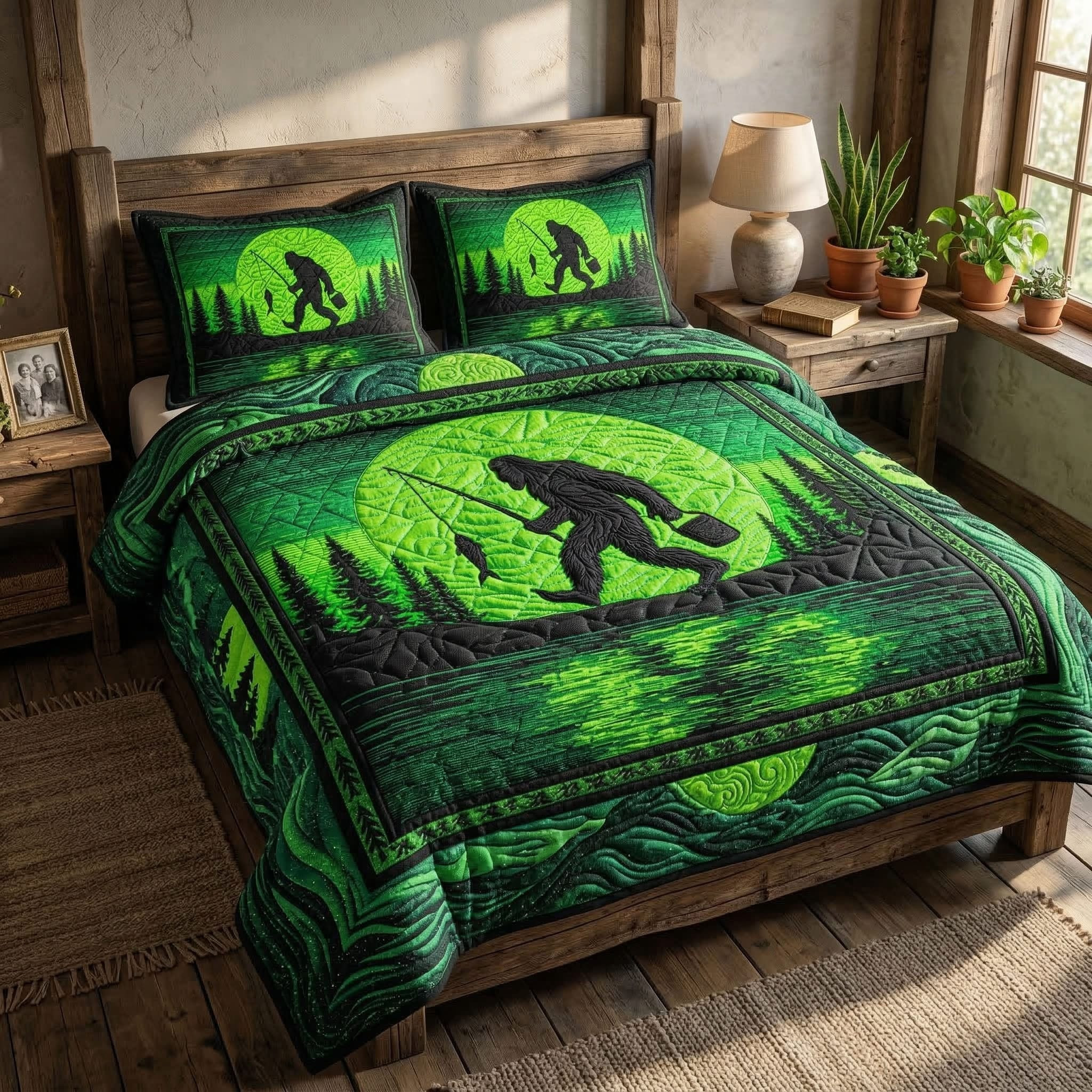 Bigfoot Fishing Trip Quilted Bedding Set Sasquatch Bed Sheet Set Unique Father's Day Gifts