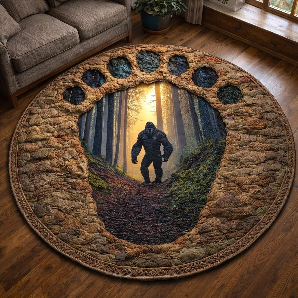 Bigfoot Footprint Forest Giant Quilted Round Mat Unique Circle Rug Sasquatch Gifts Items