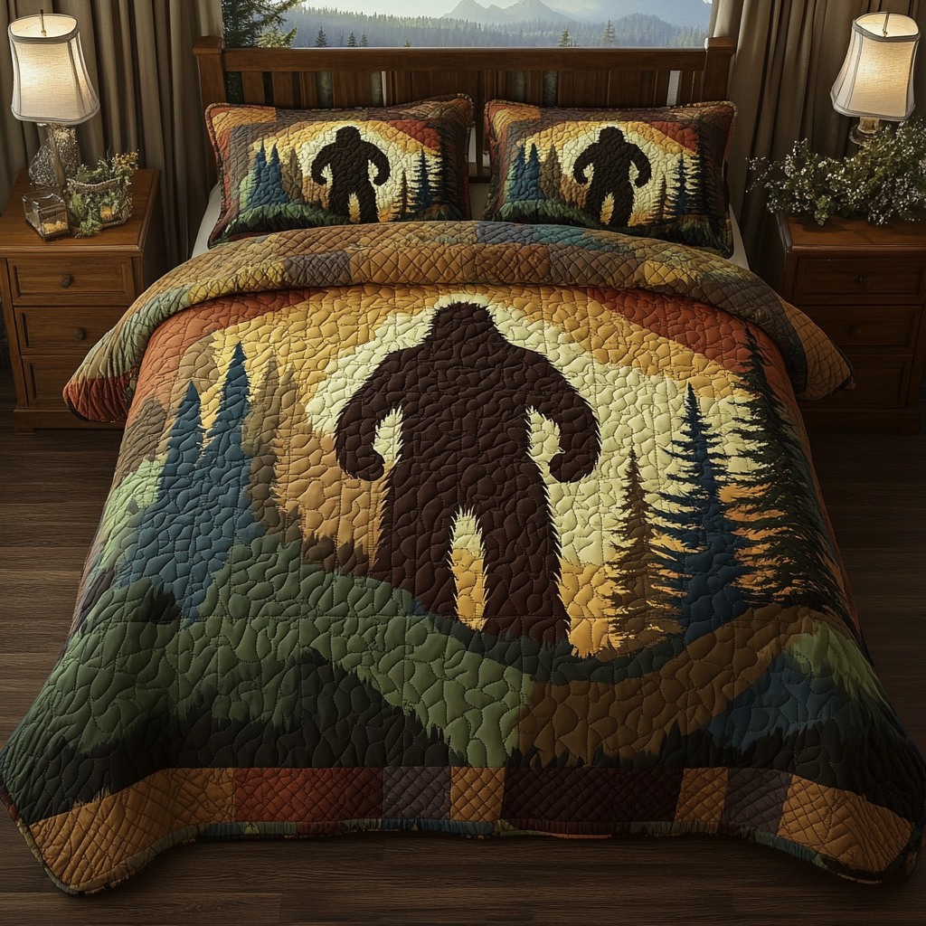 Bigfoot Forest Silhouette Quilted Bedding Set Unique Bed Sheet Set Bigfoot Gifts For Dad