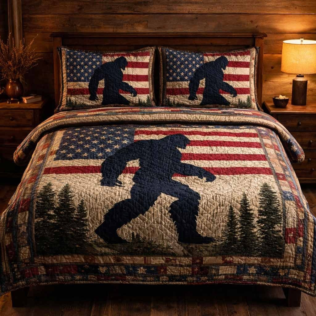 Bigfoot Freedom Beast Quilted Bedding Set USA Flag Patriotic Bed Sheet Set Best Bigfoot Gifts