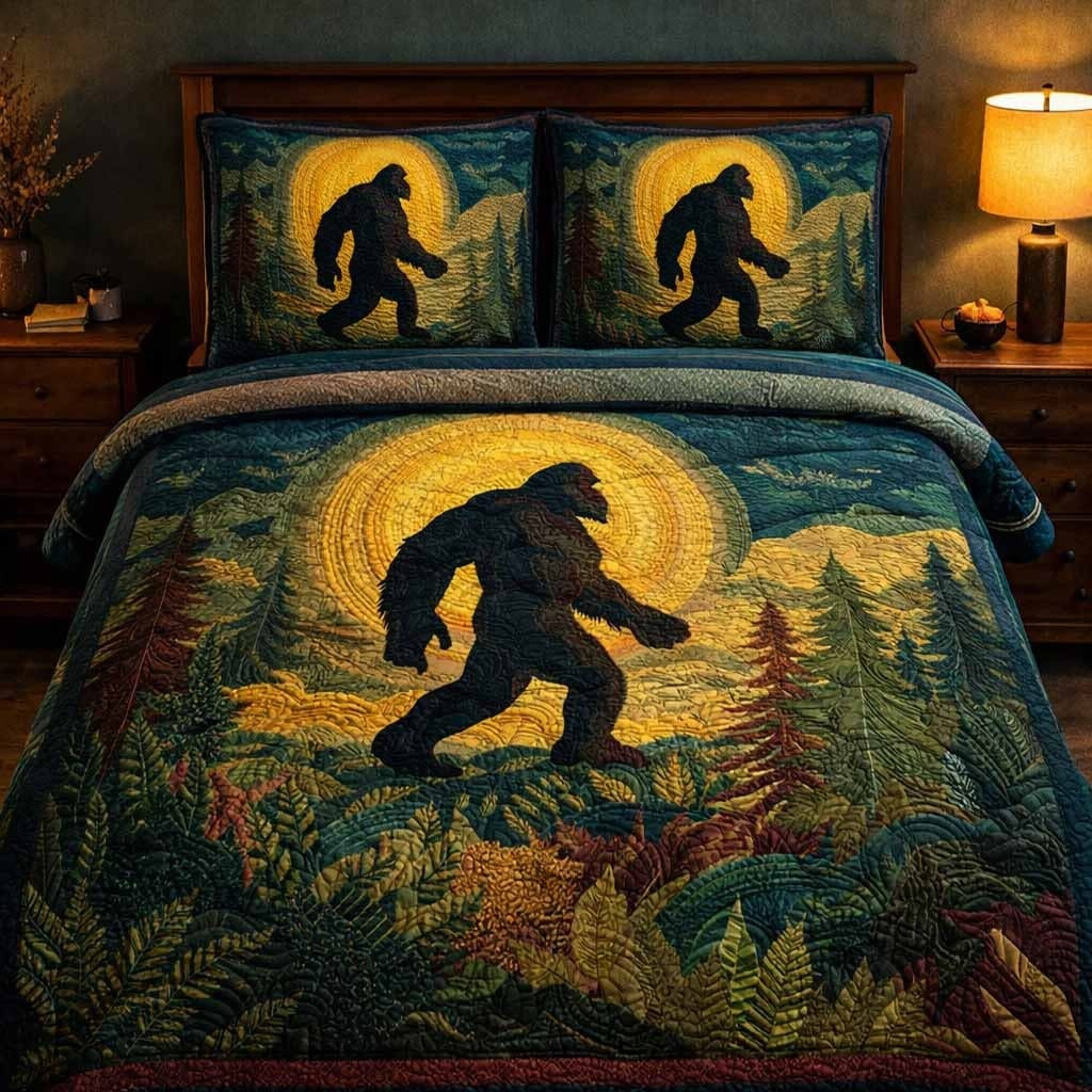 Bigfoot Golden Hunter Quilted Bedding Set Sasquatch Bed Sheet Set Father's Day Gifts Ideas