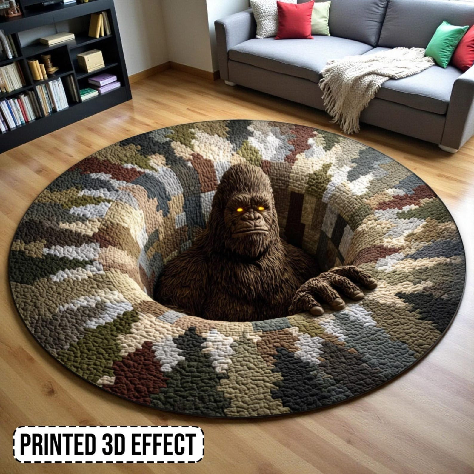 Bigfoot Illusion Round Rug Unique Forest Monster Design Floor Mat Home Decor Bigfoot Lover Gift