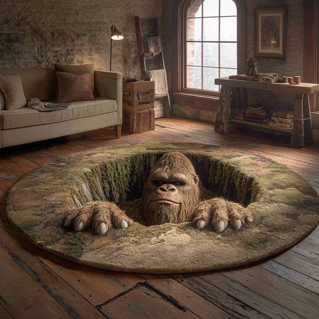 Bigfoot Lair Quilted Round Mat Sasquatch Round Carpet Home Decor Bigfoot Themed Gifts