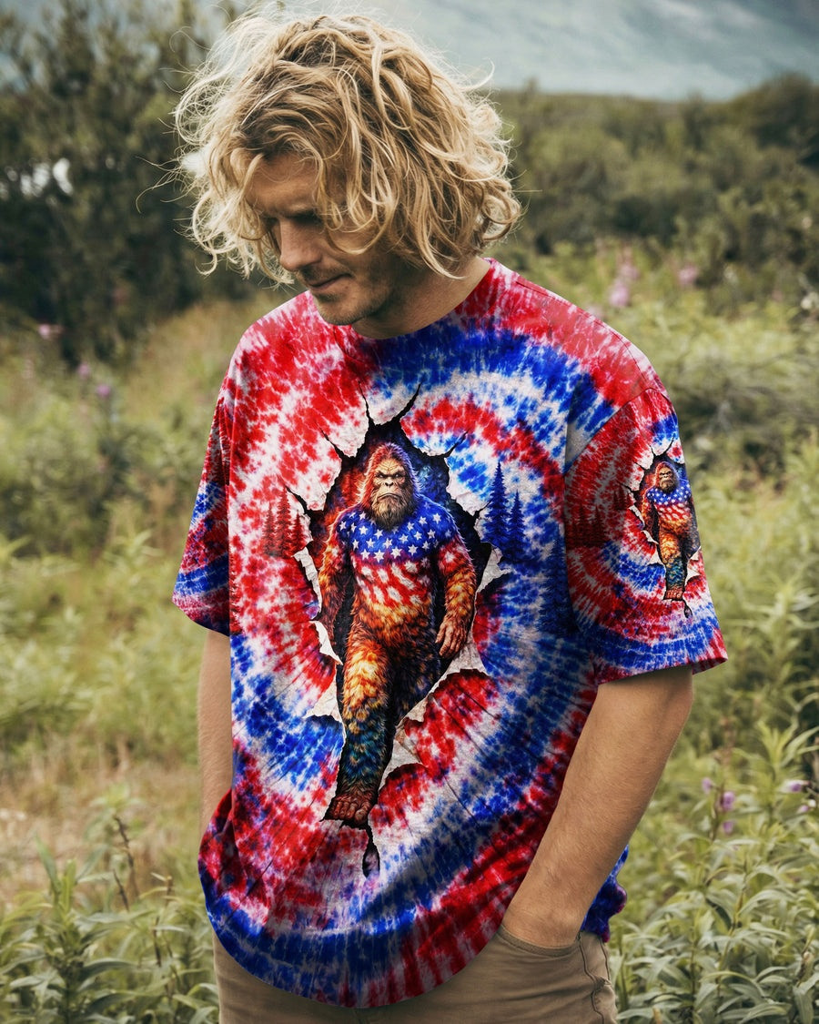 Bigfoot Red White And Blue Tie Dye Shirt USA Patriotic T-Shirt Bigfoot Sasquatch Gifts - Image 2