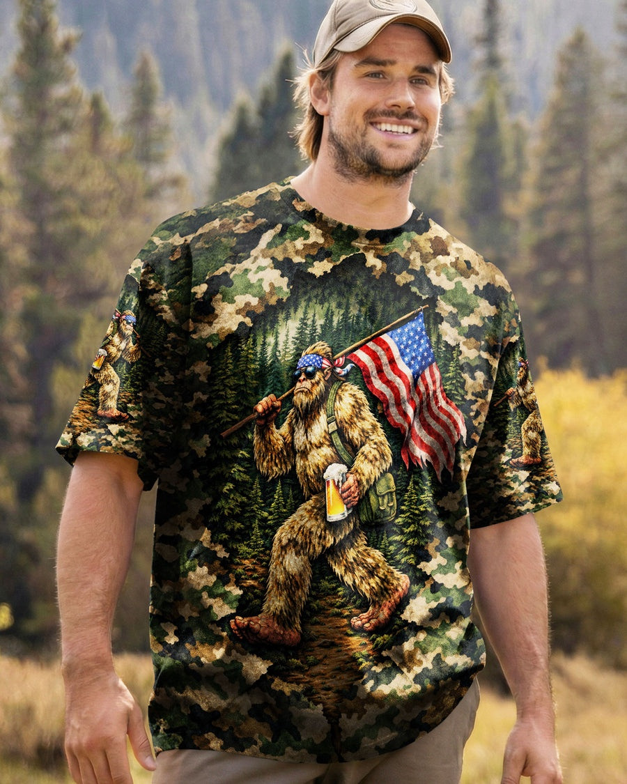 Bigfoot With USA Flag Camouflage T-Shirt Best Camping Outfits Bigfoot Sasquatch Gifts