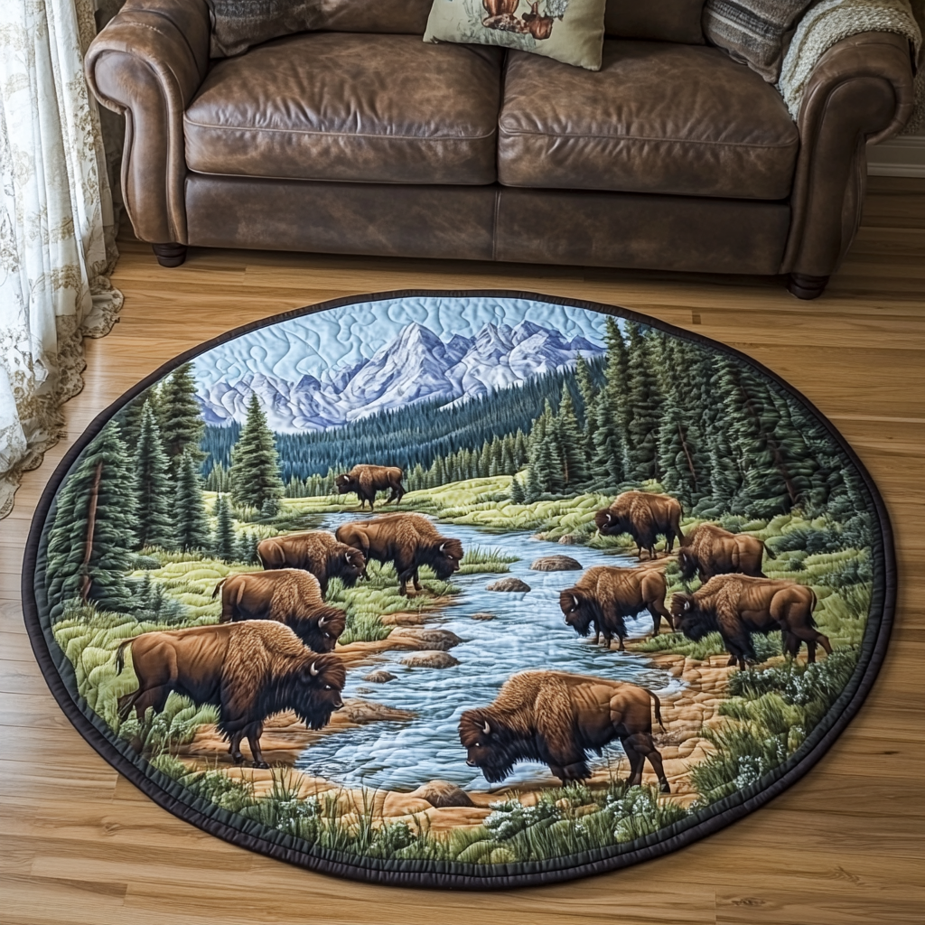 Bison Dream Quilted Round Mat Round Carpet Mats Gifts For Western Lovers