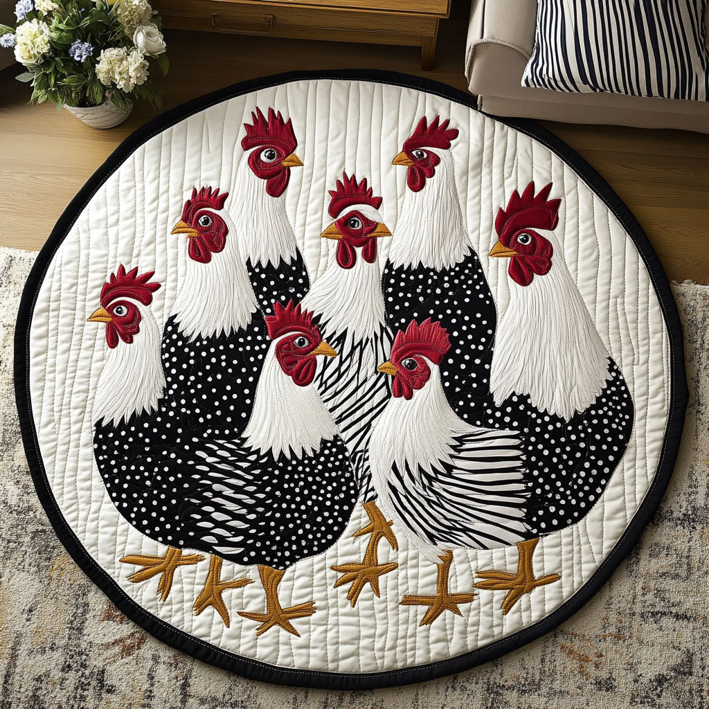 Black and White Flock Quilted Round Mat Large Round Carpet Rugs Gifts For Chicken Owners