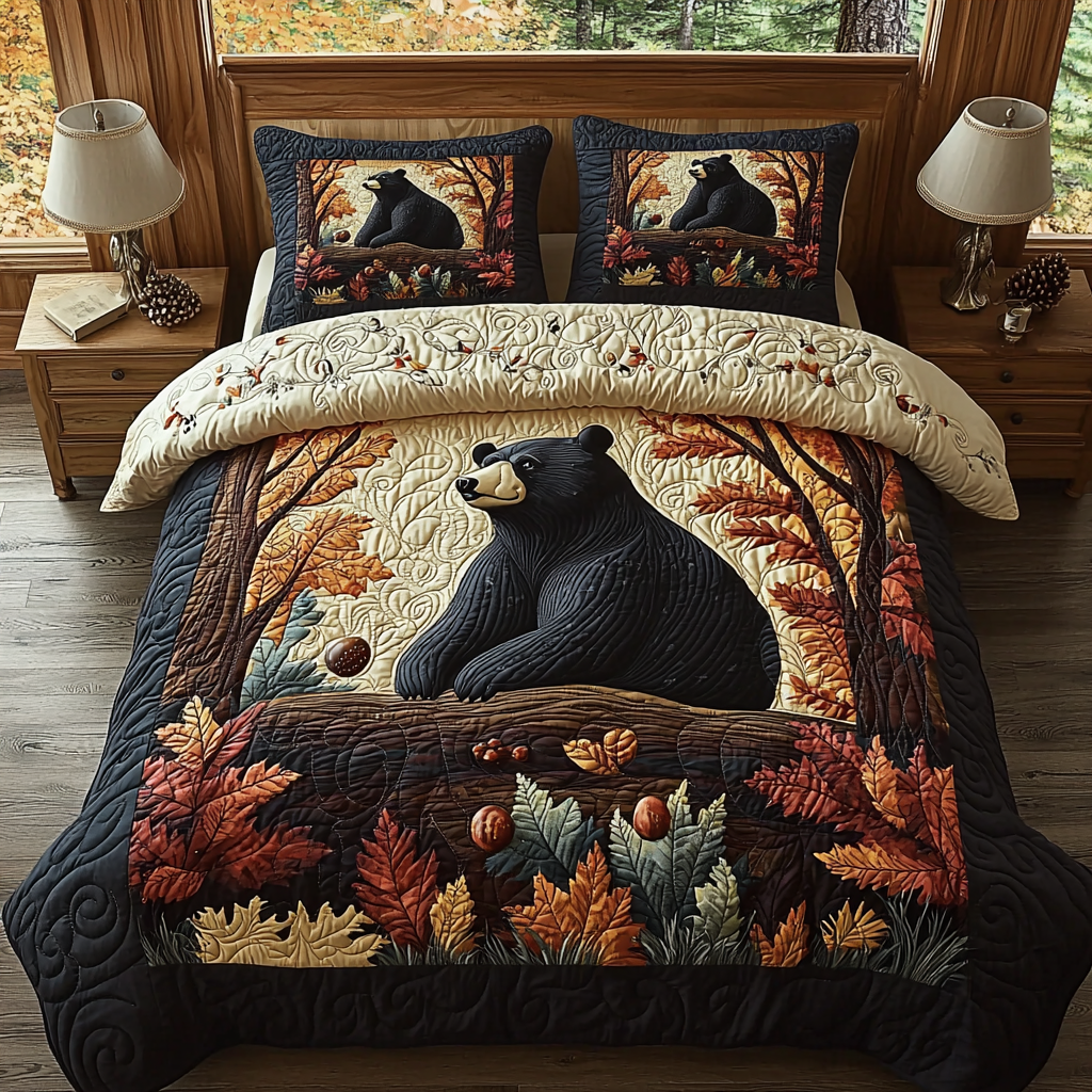 Black Bear Autumn Vintage Charm Quilted Bedding Set Cute Bed Sheets For Teens Hunting Themed Gifts