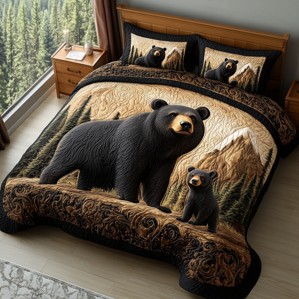 Black Bear Charm Quilted Bedding Set Best Queen Sheets Hunting Lover Gifts