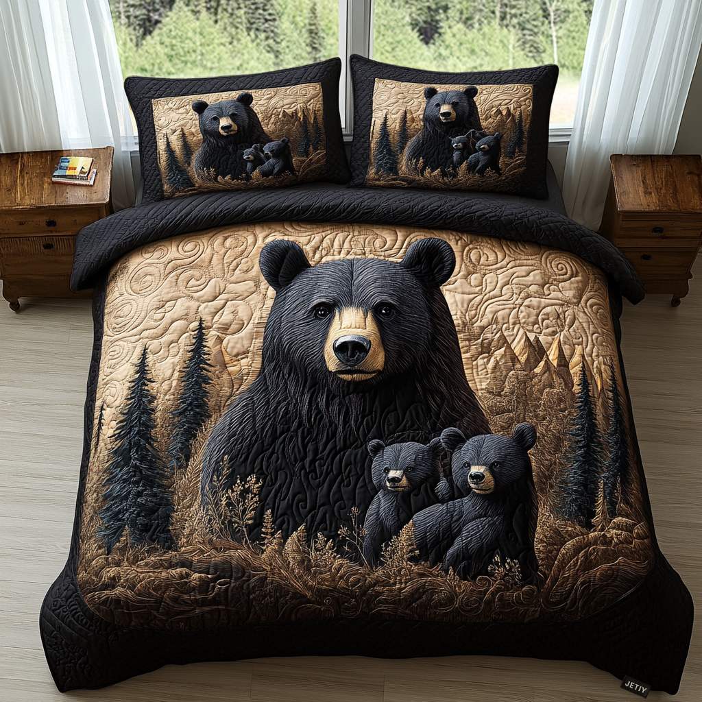 Black Bear Family Quilted Bedding Set Cute Bed Sheets For Teens Hunting Gifts For Boyfriend