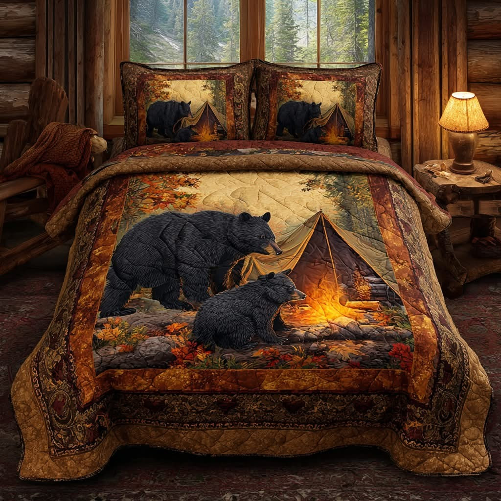 Black Bear Fireside Quilted Bedding Set Bedroom Decor Gifts For Nature Lovers