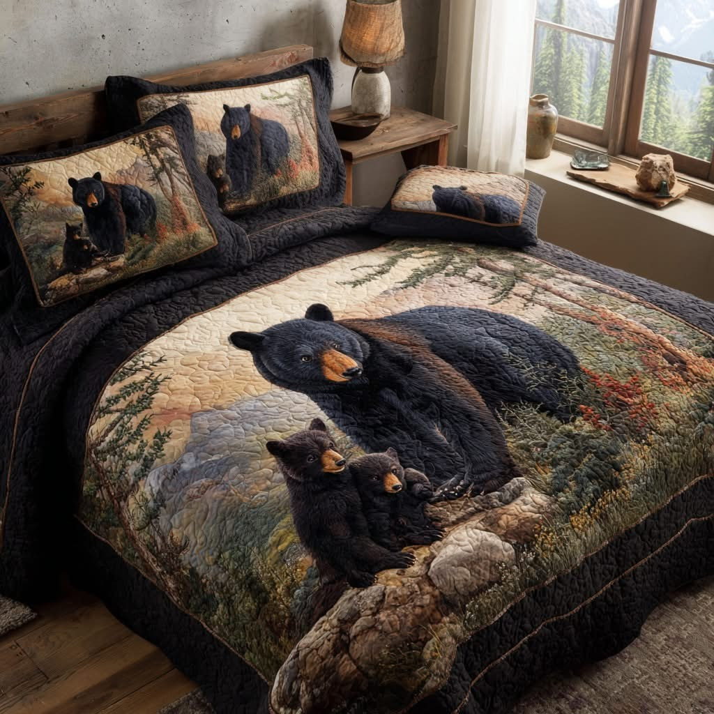 Black Bear Forest Path Quilted Bedding Set Wildlife Naturel Merch Gift For Nature Lover