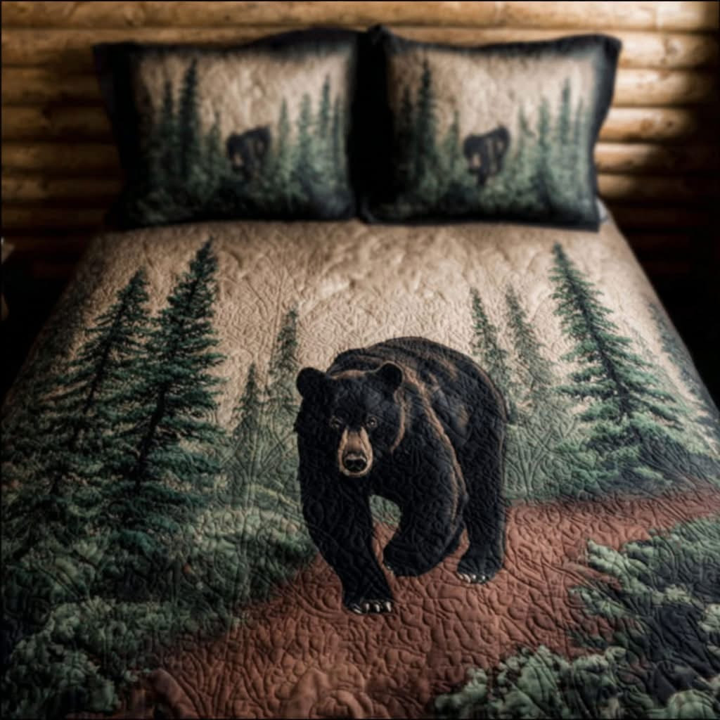 Black Bear Mountain Forest Quilt Bedding Set Bedroom Decor Gifts For Wildlife Lovers