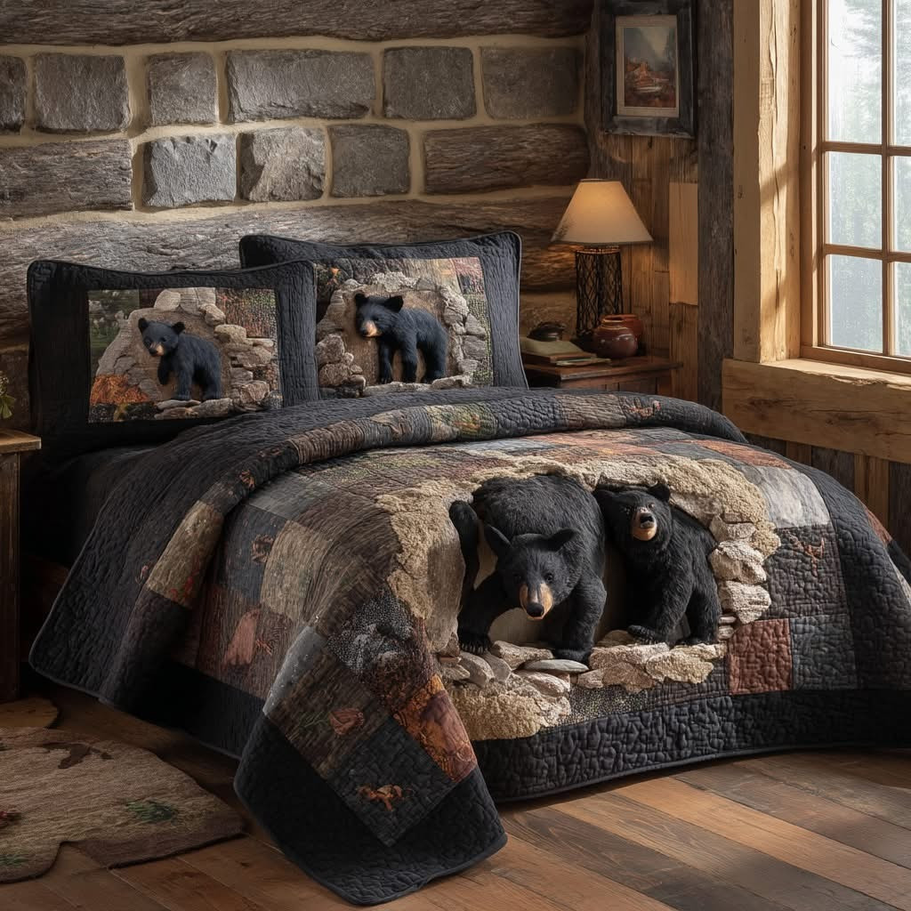 Black Bear Mountain Forest Quilted Bedding Set Bedroom Decor Gifts For Nature Lovers