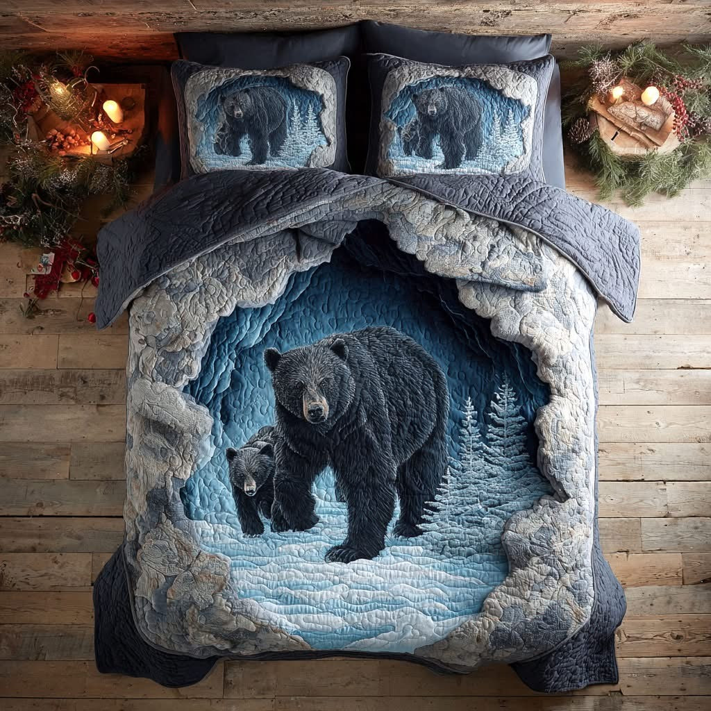 Black Bear Northern Wild Winter Quilted Bedding Set Holiday Bed Decor Gifts For Bear Lovers
