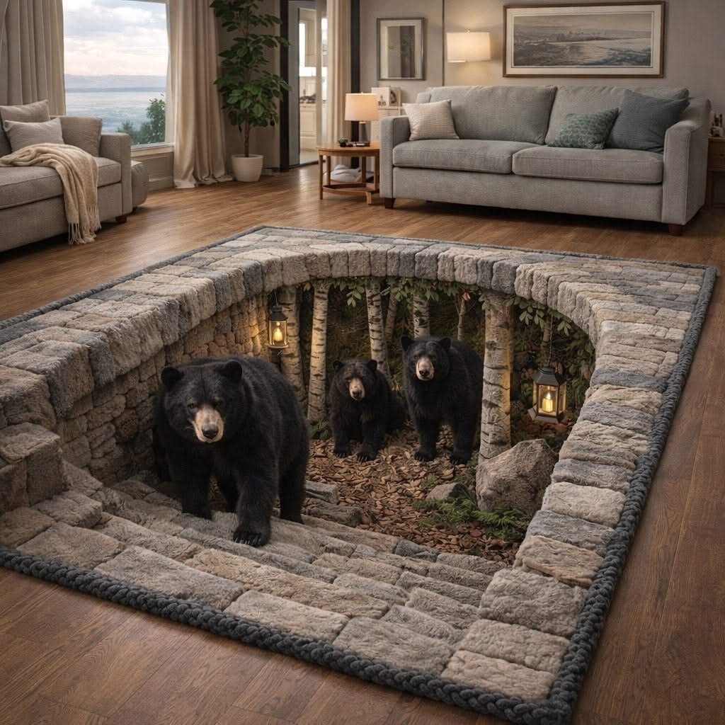 Black Bear Rustic Stone Cave Area Rug Living Room Decor Best Father's Day Gifts Ideas