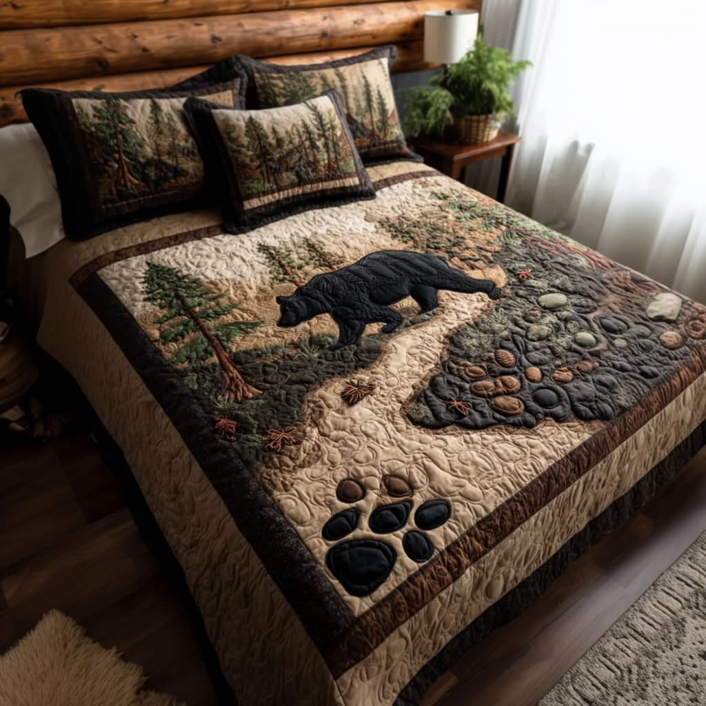 Black Bear Trail Of The North Quilted Bedding Set Bedroom Decor Gifts For Wild Animal Lovers