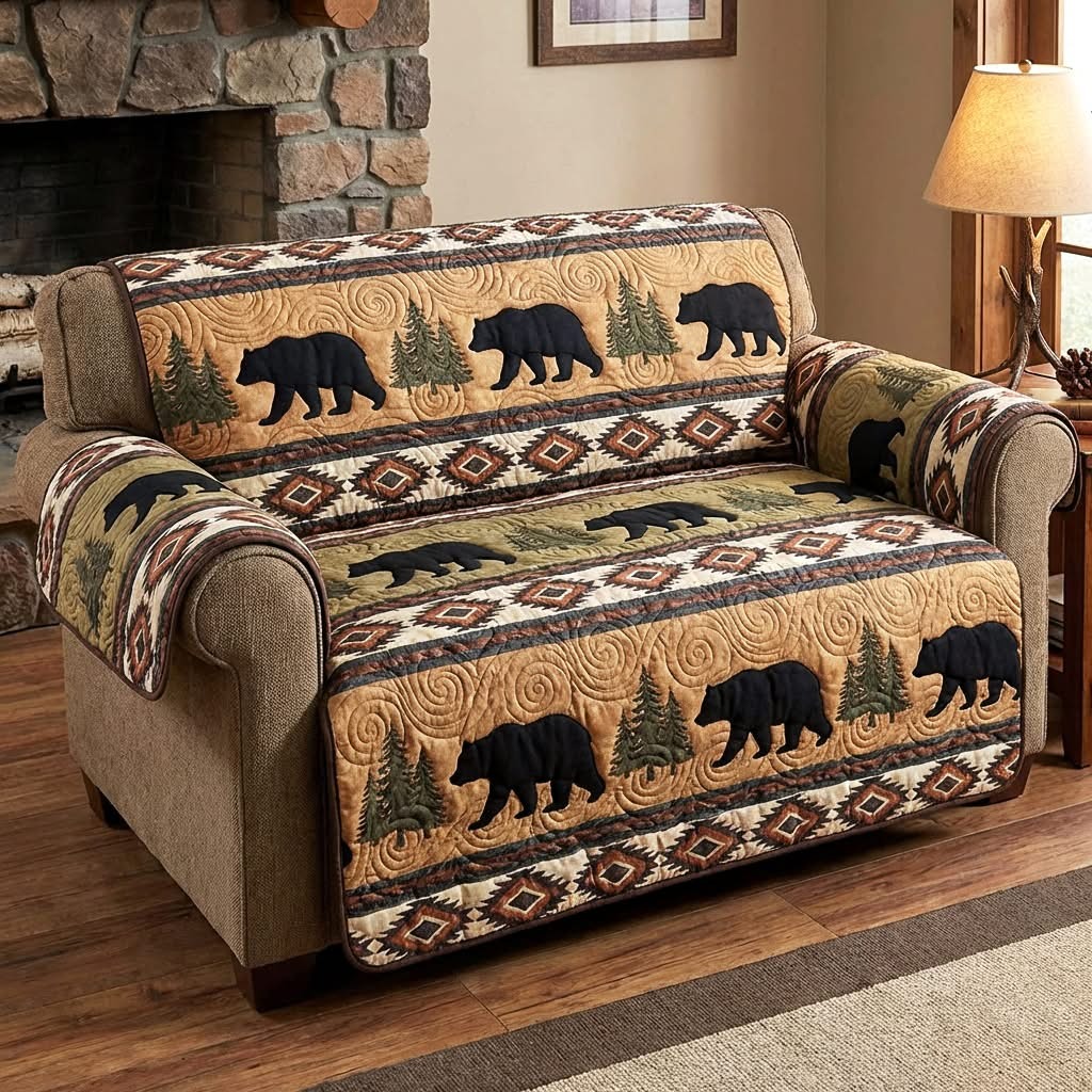 Black Bear Wild Timber Quilted Sofa Cover Rustic Wildlife Furniture Cover Gifts For Dad