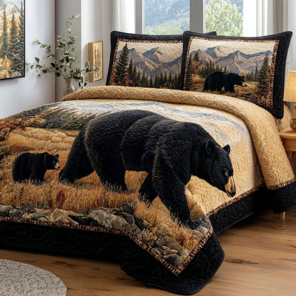 Black Bear Wilderness Calm Quilted Bedding Set Bedroom Decor Ideas Bear Gifts For Dad