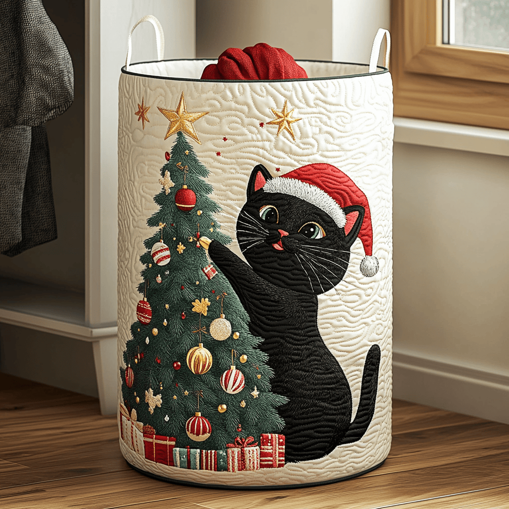 Black Cat Charm Quilted Laundry Basket Modern Clothes Hamper Christmas Presents For Her