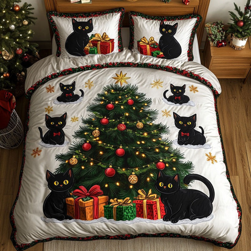 Black Cat Christmas Tree Quilted Bedding Set Duvet Cover Set Gifts Ideas For Cat Lover