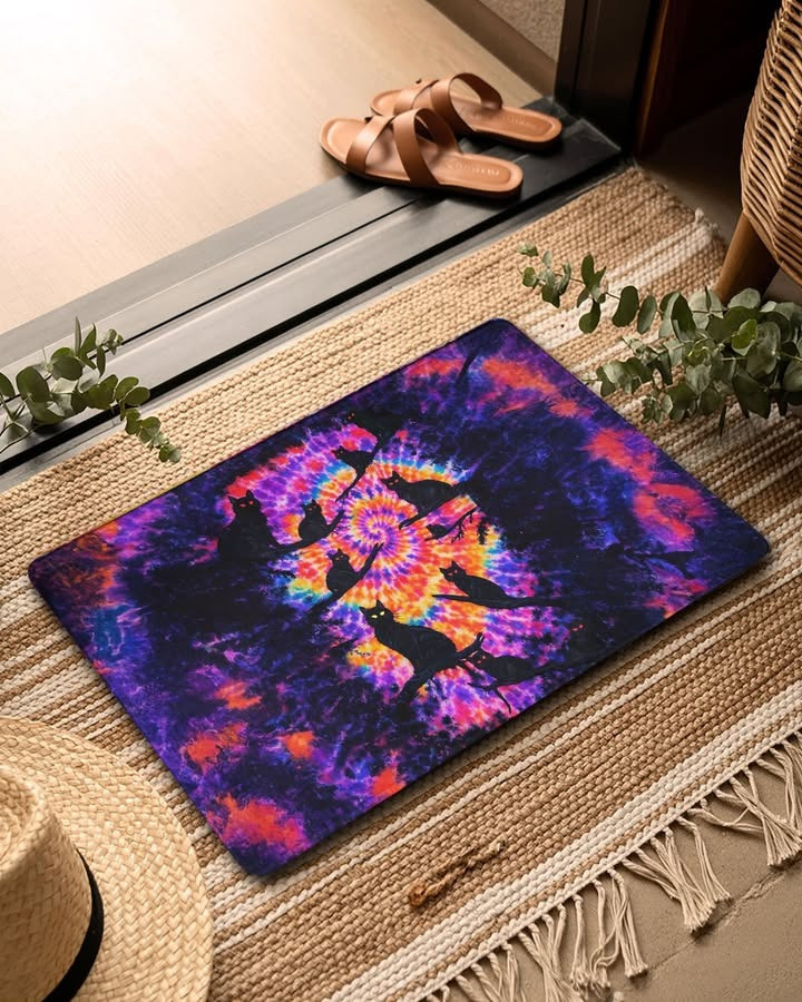 Black Cat Galaxy Tie Dye Doormat Cosmic Cat Floor Mat Home Decor Gift For Him
